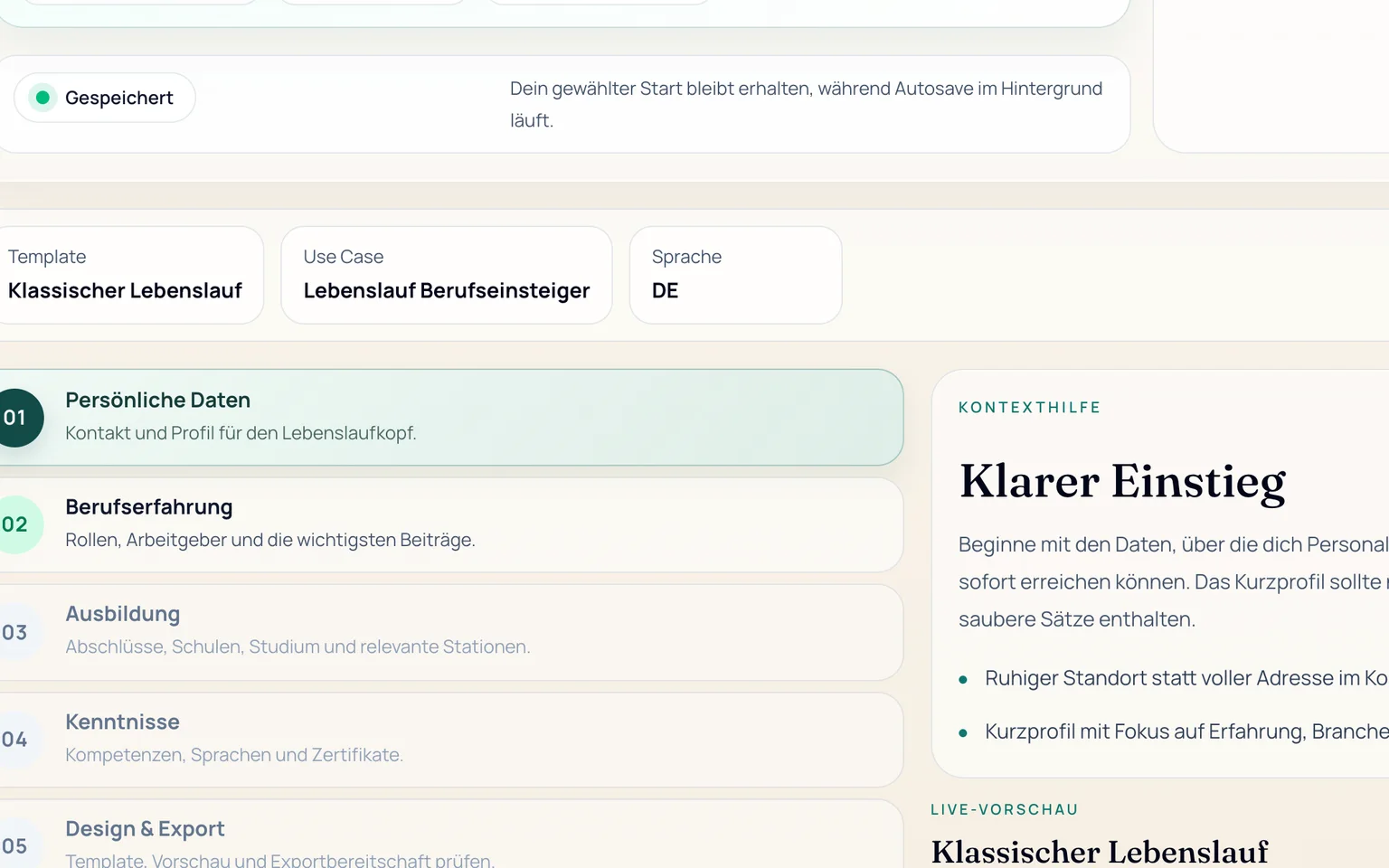 Screenshot des CVLotse-Lebenslauf-Editors mit ausgewählter Vorlage, Schrittnavigation und Live-Vorschau.