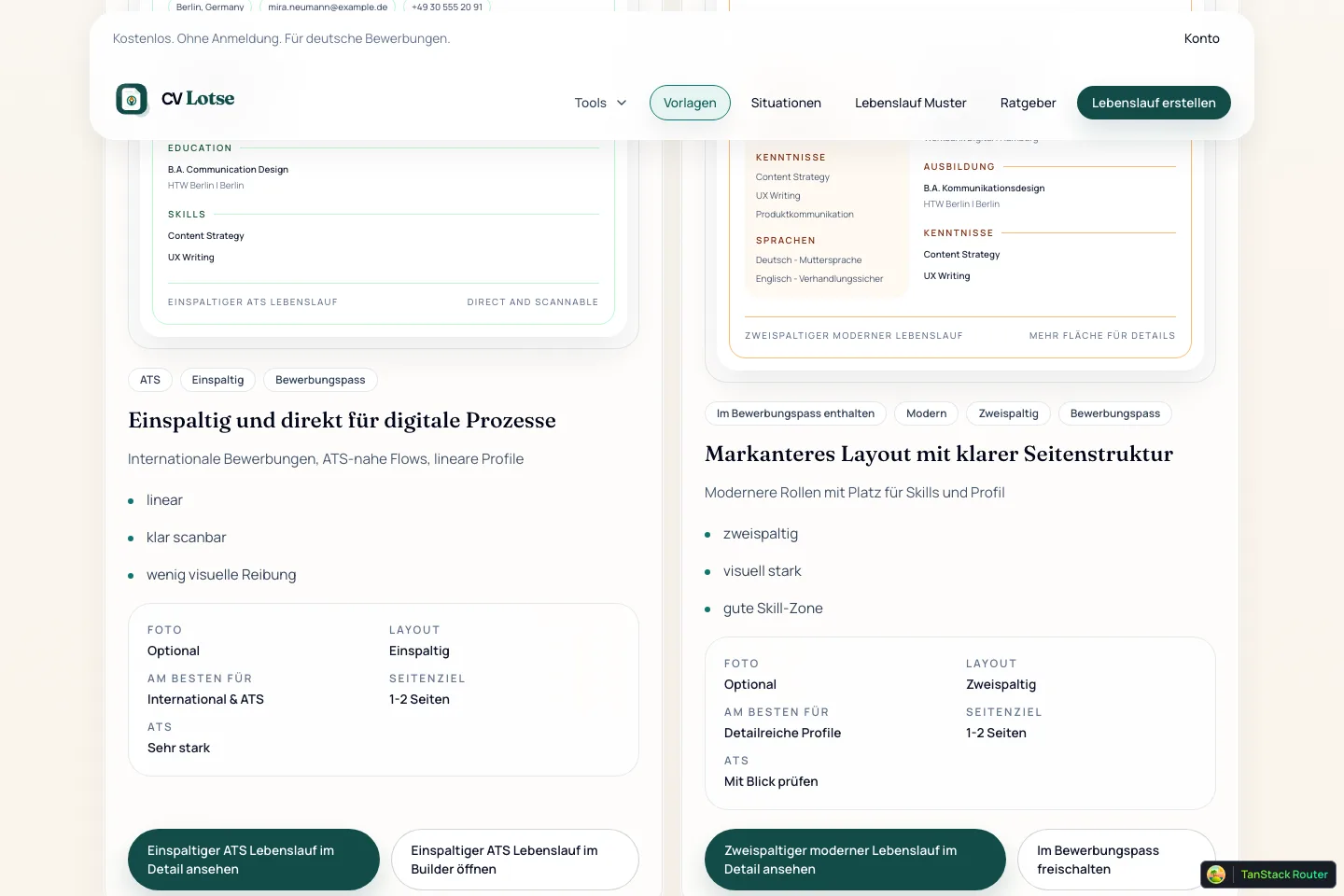 Screenshot einer CVLotse-Vorlagenübersicht mit mehreren Lebenslauf-Layouts im Vergleich.